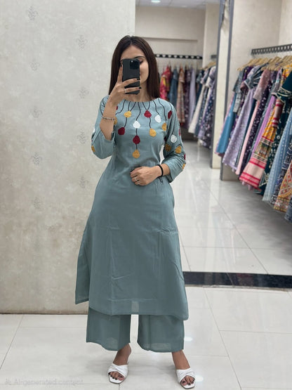 Premium Cotton 60x60 Embroidered Kurta Palazzo Set for Women | Sage Green | A-Line Ethnic Wear