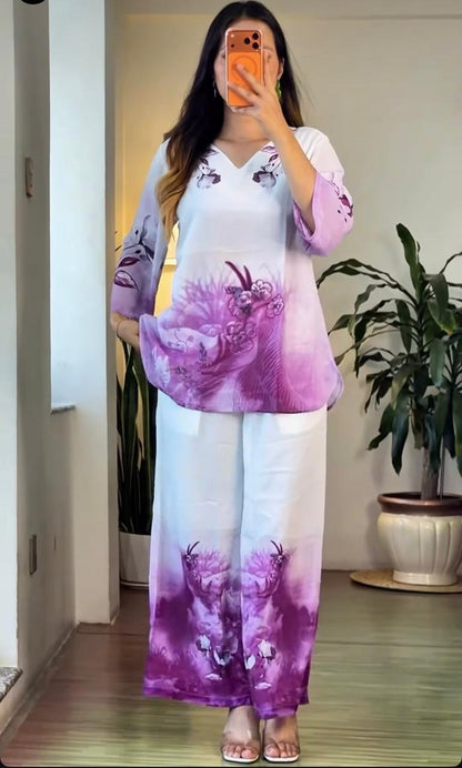 Women's Purple Mul Cotton Co-Ord Set | Digital Floral Print Kurta with Palazzo | Premium 2-Piece Set