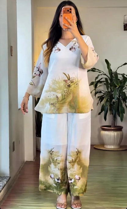 Women's Olive Green Mul Cotton Co-Ord Set | Digital Floral Print Kurta with Palazzo | Premium 2-Piece Set