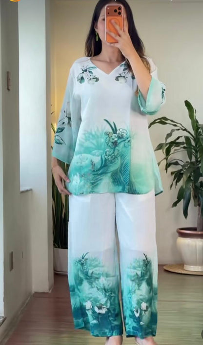 Women's Sea Green Mul Cotton Co-Ord Set | Digital Floral Print Kurta with Palazzo | Premium 2-Piece Set