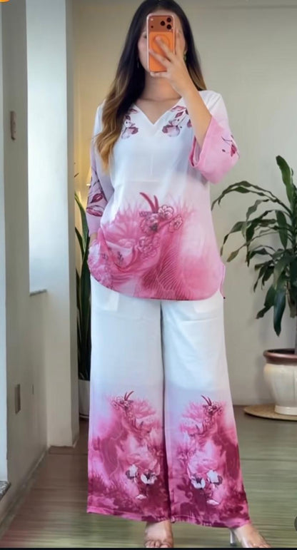 Women's Pink Mul Cotton Co-Ord Set | Digital Floral Print Kurta with Palazzo | Premium 2-Piece Set