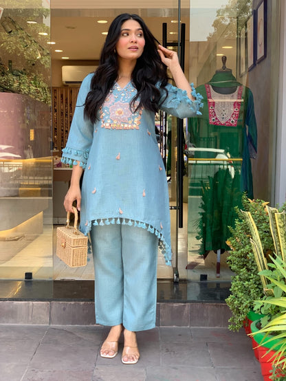 Sky Blue Cotton Flax Embroidered Co-ord Set for Women | Hand Work & Lace Detailing