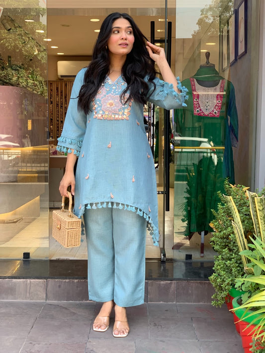 Sky Blue Cotton Flax Embroidered Co-ord Set for Women | Hand Work & Lace Detailing