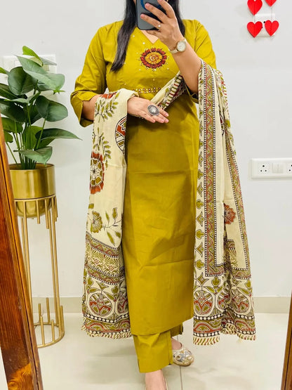 Women's Mustard Dhabu Cotton Embroidered Kurta Pant Set with Printed Dupatta | Mirror Work Ethnic Suit