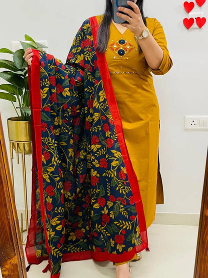 Women's Mustard Dhabu Cotton Embroidered Kurta Pant Set with Floral Printed Dupatta | Mirror Work Ethnic Suit