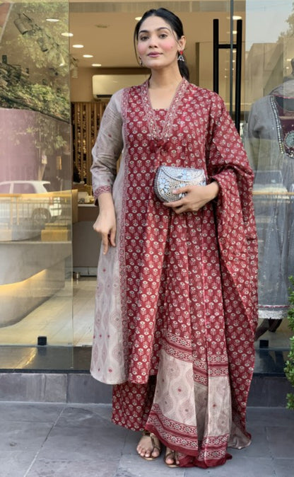 Women's Maroon Cotton Anarkali Kurta Palazzo Dupatta Set | 3-Piece Printed Ethnic Suit