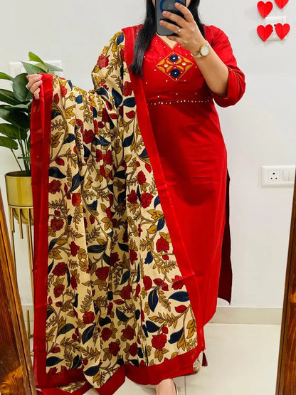 Women's Red Dhabu Cotton Embroidered Kurta Pant Set with Floral Printed Dupatta | Mirror Work Ethnic Suit