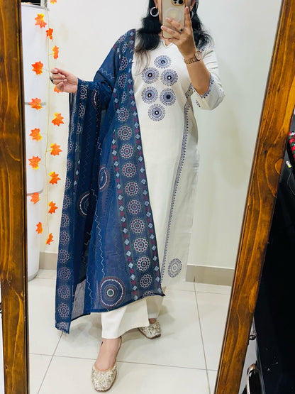 Women's White Dhabu Cotton Block Print Kurta Palazzo Set with Ajrakh Dupatta | Mirror Work Ethnic Suit