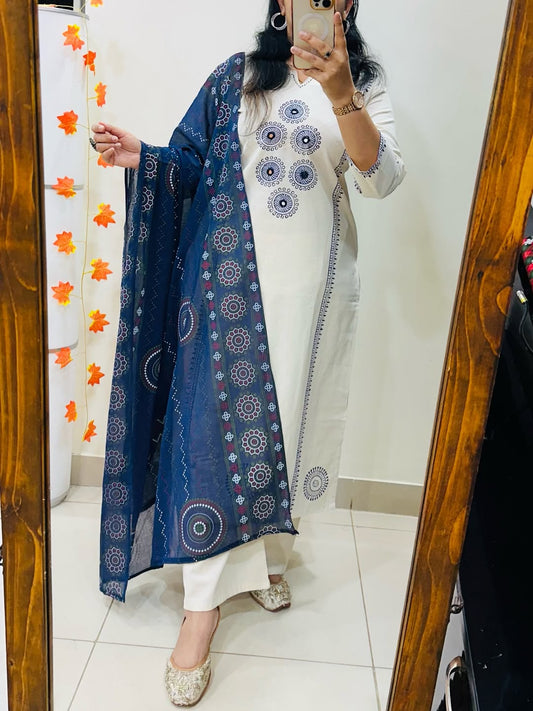 Women's White Dhabu Cotton Block Print Kurta Palazzo Set with Ajrakh Dupatta | Mirror Work Ethnic Suit