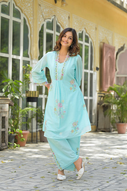 Women's Premium Pure Cotton Embroidered Kurta Pant Set | Sky Blue Cotton Co-Ord with Lace Work | Ethnic Wear