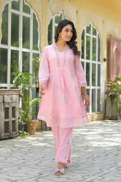 Women's Premium Pure Cotton Embroidered Kurta Pant Set | Pink Cotton Co-Ord Set with Floral Embroidery & Lace Work