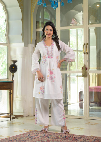 Women's Premium Pure Cotton Embroidered Kurta Pant Set | White Cotton Co-Ord Set with Floral Embroidery & Lace Work