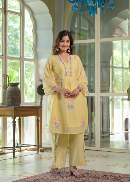 Women's Premium Pure Cotton Embroidered Kurta Pant Set | Yellow Cotton Co-Ord Set with Lace Work | Ethnic Wear