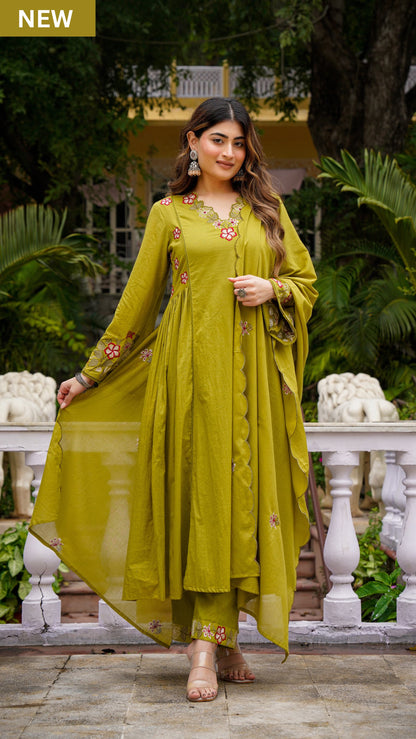 Women's Premium Cotton Anarkali Kurta Pant Dupatta Set | Olive Green Embroidered Cotton Suit Set | Festive Ethnic Wear