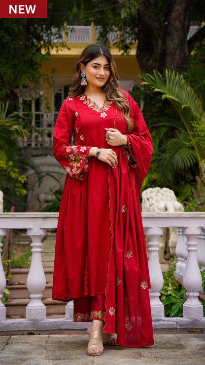 Women's Premium Cotton Anarkali Kurta Pant Dupatta Set | Red Embroidered Cotton Suit Set | Festive Ethnic Wear