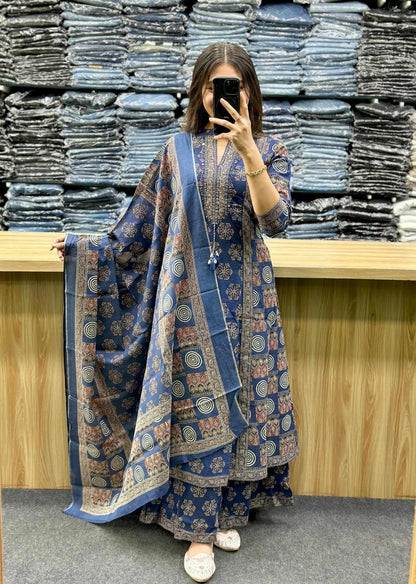 Women's Premium Cotton Sanganeri Print A-Line Kurta Sharara Set with Dupatta | Adda Work | Blue | 3-Piece Ethnic Wear