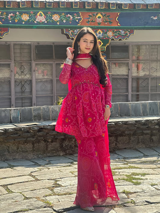 Women's Premium Heavy Chiffon Bandhej Sharara Set with Dupatta | Mirror Handwork | Rani Pink | 3-Piece Festive Wear