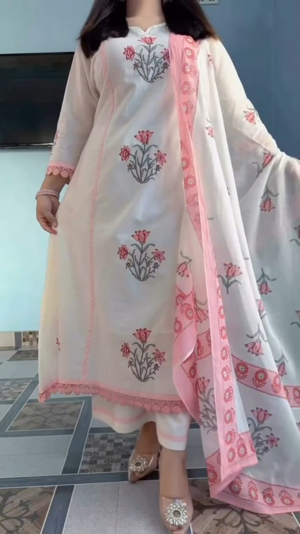 Women's Pink Pure Cotton Handblock Print Anarkali Suit Set with Dupatta | 3-Piece Ethnic Wear
