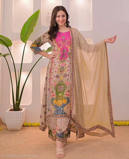 Women's Noori Muslin Cotton Anarkali Kurta Palazzo Set with Double Shade Dupatta | 3-Piece Ethnic Wear