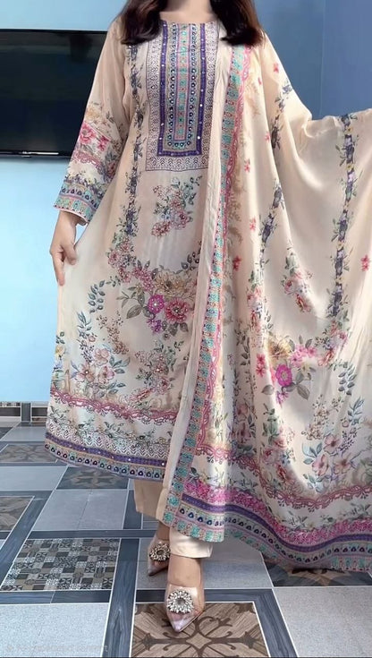 Women's Lilac Pure Silk Digital Print Suit Set with Dupatta | Hand Embroidery & Mirror Work | 3-Piece Ethnic Wear
