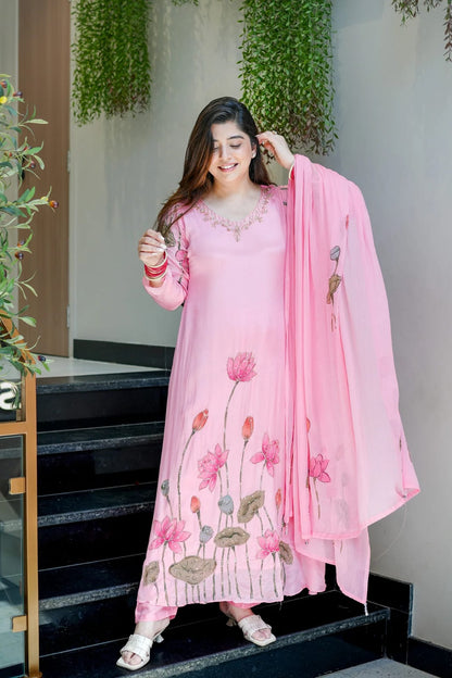 Women's Premium Chinon A-Line Handwork Kurta Pant Set with Dupatta | 3-Piece Festive Wear