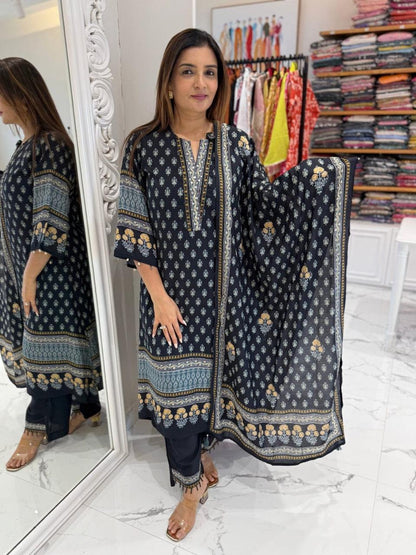 Women's Black Heavy Cotton Printed Kurta Pant Dupatta Set | Hand Sequence & Adda Work | 3-Piece Ethnic Suit
