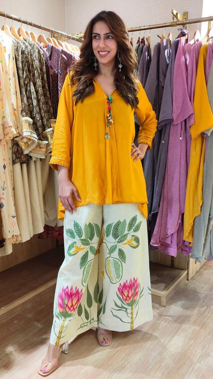 Women's Mustard Cotton Co-Ord Set | Loose Fit Embroidered Top with Printed Palazzo | Premium Cotton 2-Piece Set