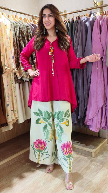 Women's Rani Pink Cotton Co-Ord Set | Loose Fit Embroidered Top with Printed Palazzo | Premium Cotton 2-Piece Set