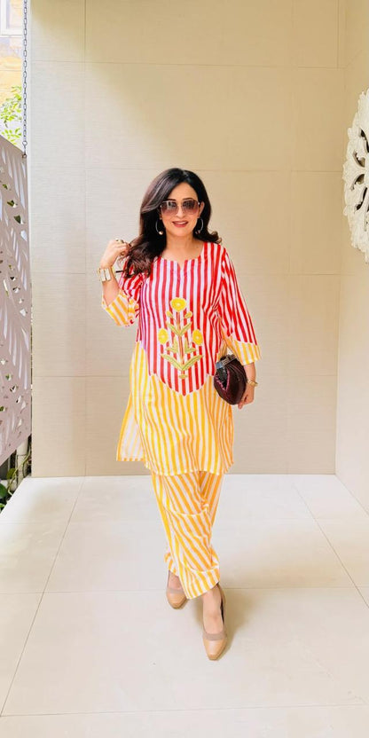 Women's Red & Yellow Striped Cotton Co-ord Set | Embroidered Kurta with Matching Pants