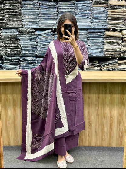 Women's Premium Cotton 60x60 A-Line Kurta Palazzo Set with Dupatta | Dori & Codi Work | Plum | 3-Piece Ethnic Wear