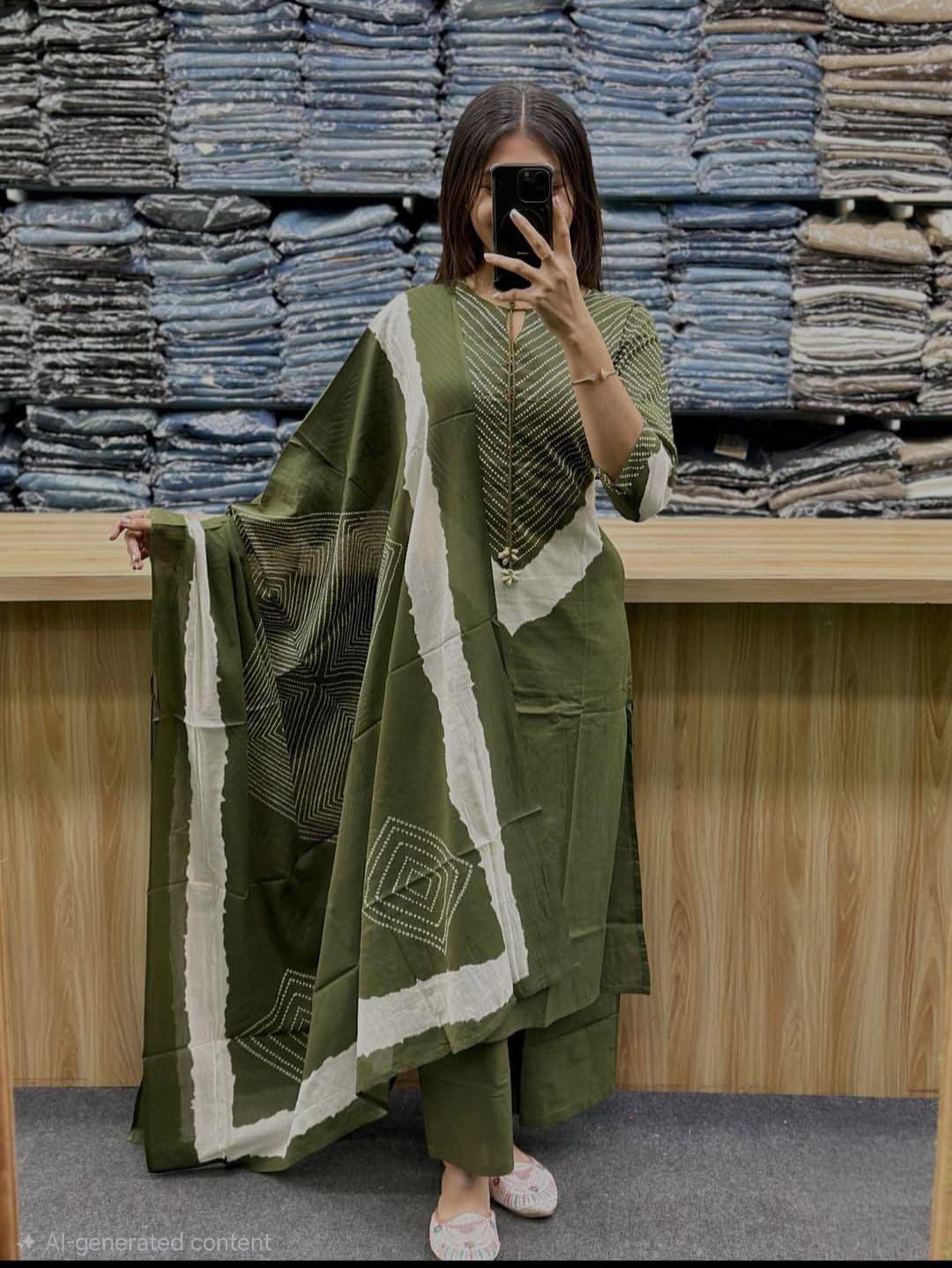 Women's Premium Cotton 60x60 A-Line Kurta Palazzo Set with Dupatta | Dori & Codi Work | Olive Green | 3-Piece Ethnic Wear