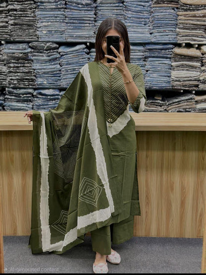 Women's Premium Cotton 60x60 A-Line Kurta Palazzo Set with Dupatta | Dori & Codi Work | Olive Green | 3-Piece Ethnic Wear