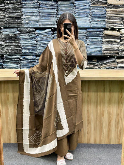 Women's Premium Cotton 60x60 A-Line Kurta Palazzo Set with Dupatta | Dori & Codi Work | Coffee Brown | 3-Piece Ethnic Wear