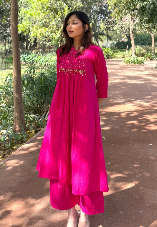 Women's Pure Cotton Anarkali Kurta Palazzo Set | Fuchsia Pink Mirror Embroidered Ethnic Wear