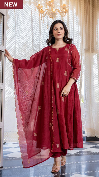 Women's Maroon Mul Chanderi Anarkali Kurta Pant Dupatta Set | Premium Embroidered 3-Piece Ethnic Suit with Cotton Lining