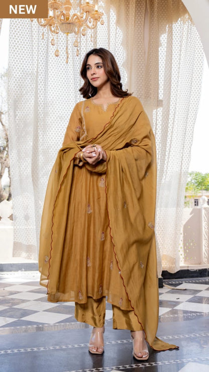 Women's Mustard Mul Chanderi Anarkali Kurta Pant Dupatta Set | Premium Embroidered 3-Piece Ethnic Suit with Cotton Lining