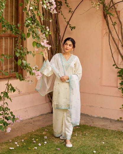 Women's White & Sky Blue Chanderi Silk Kurta Sharara Dupatta Set | Heavy Embroidered 3-Piece Festive Suit with Sequence Work