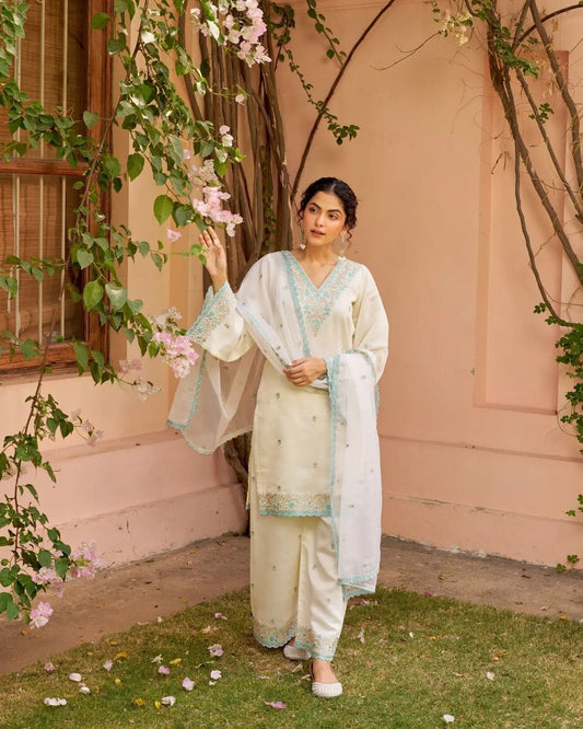 Women's White & Sky Blue Chanderi Silk Kurta Sharara Dupatta Set | Heavy Embroidered 3-Piece Festive Suit with Sequence Work