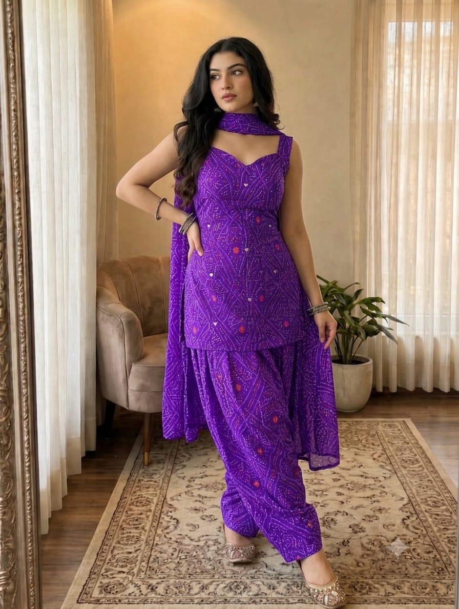 Women’s Premium Cotton Bandhani Jaipuri Print Suit Set | Mirror Work Sweetheart Neck Kurti with Flared Patiala Salwar & Dupatta