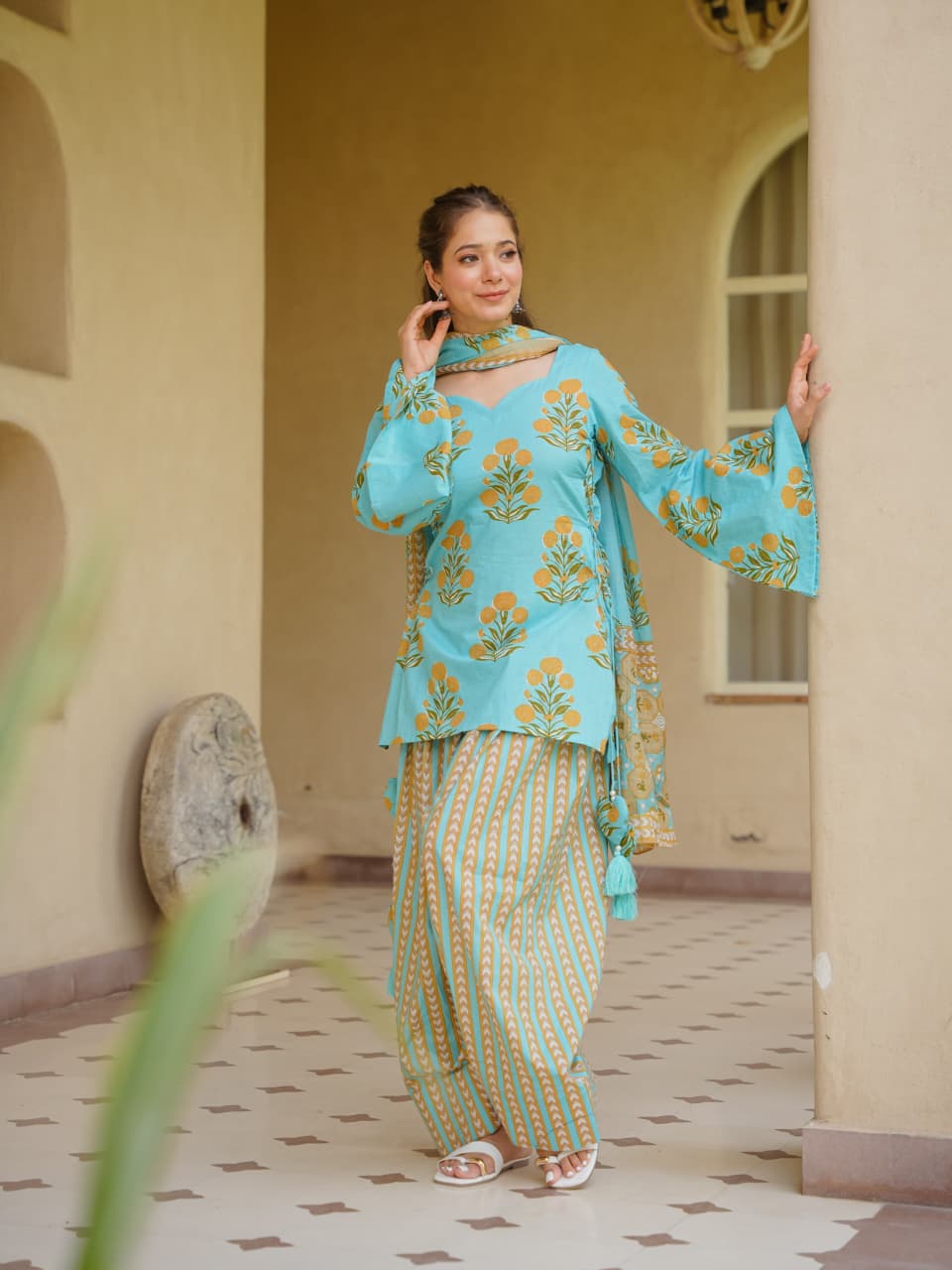 Women’s Cotton 60/60 Corset-Style Kurta with Printed Farshi Salwar & Dupatta | Dori Tassel 3-Piece Set