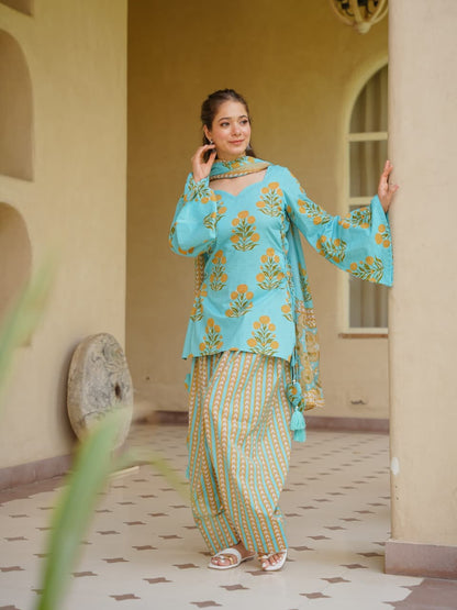 Women’s Cotton 60/60 Corset-Style Kurta with Printed Farshi Salwar & Dupatta | Dori Tassel 3-Piece Set