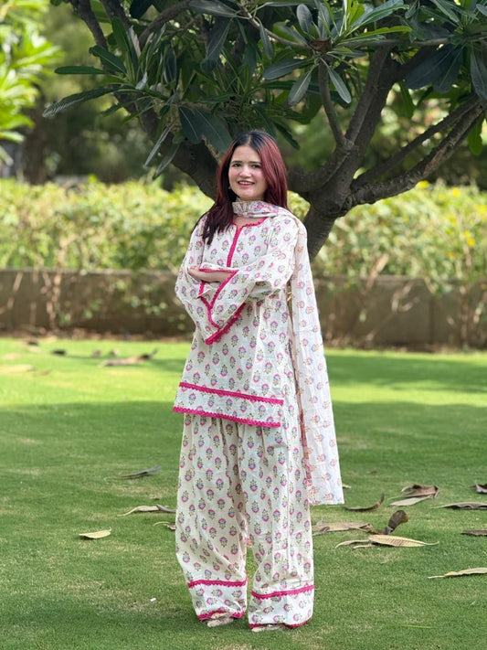 Women’s Premium Cotton Farsi Suit Set | 46+ Inch Kurti with Pocket, Farsi Style Pant & Dupatta | 3-Piece Ethnic Set