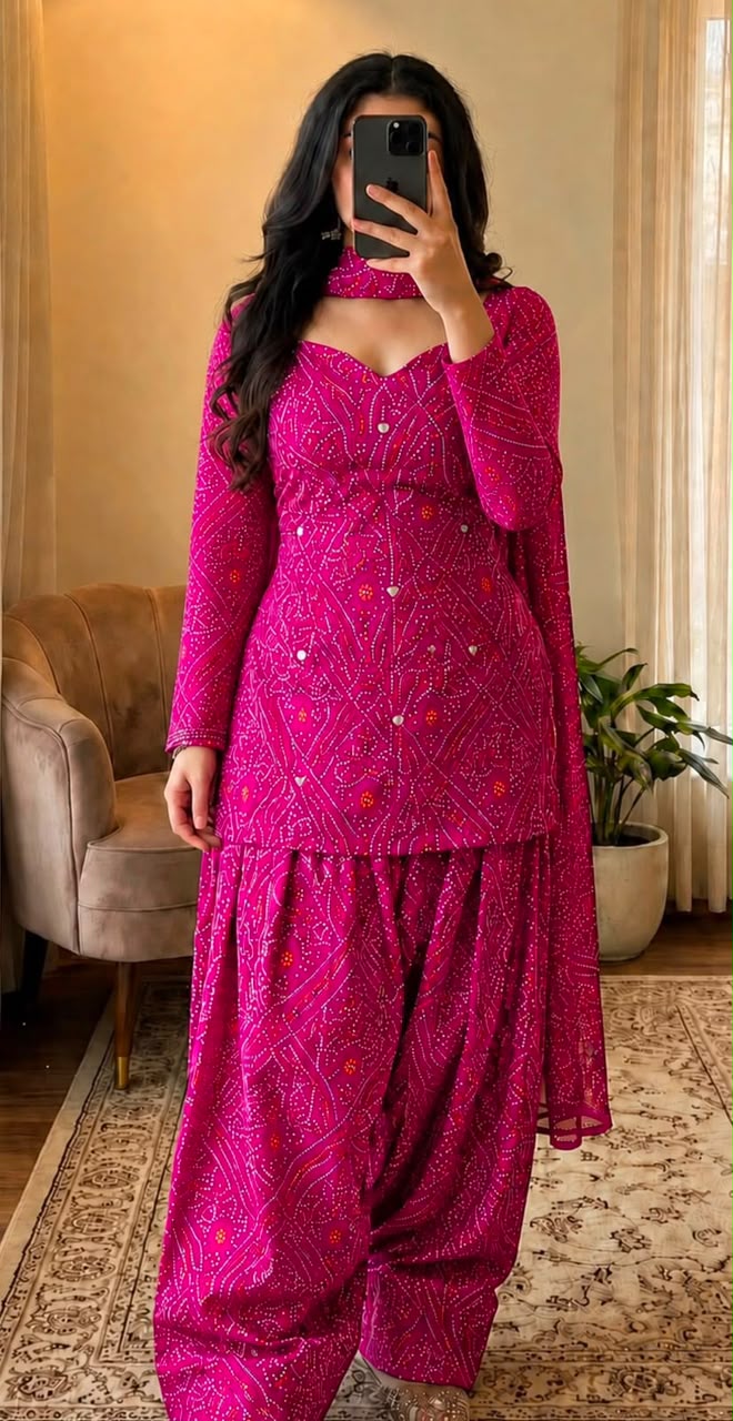 Women’s Premium Cotton Bandhani Jaipuri Print Suit Set | Mirror Work Sweetheart Neck Kurti with Flared Patiala Salwar & Dupatta