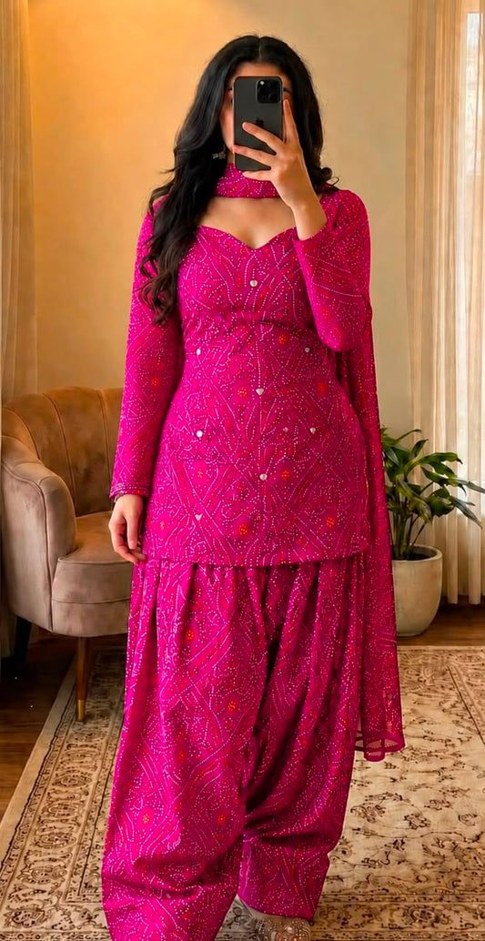 Women’s Premium Cotton Bandhani Jaipuri Print Suit Set | Mirror Work Sweetheart Neck Kurti with Flared Patiala Salwar & Dupatta