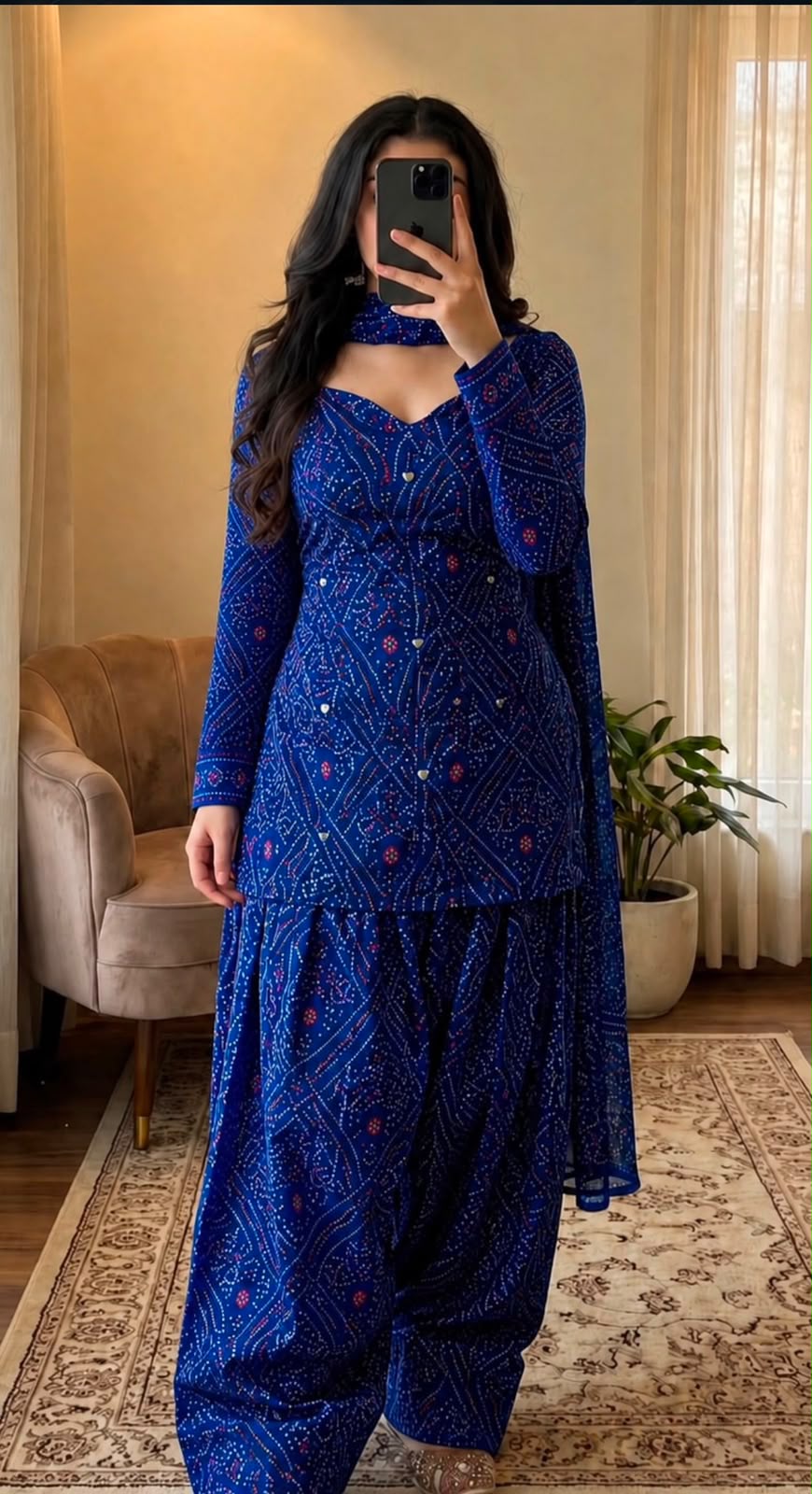 Women’s Premium Cotton Bandhani Jaipuri Print Suit Set | Mirror Work Sweetheart Neck Kurti with Flared Patiala Salwar & Dupatta