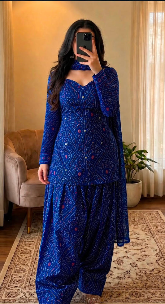 Women’s Premium Cotton Bandhani Jaipuri Print Suit Set | Mirror Work Sweetheart Neck Kurti with Flared Patiala Salwar & Dupatta