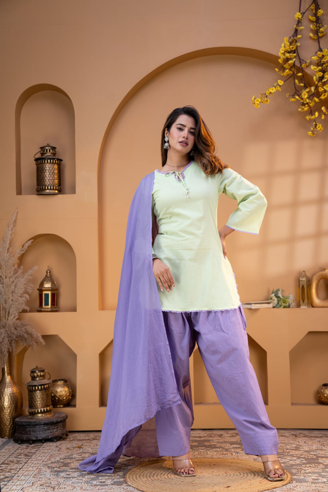 Women’s Premium Cotton 60/60 Square Neck Kurta Salwar Dupatta Set | Pistachio Green & Lavender 3-Piece Suit