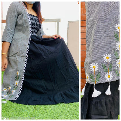 Women's Premium Cotton 2-Piece Shrug Dress Set | Black Smocked Dress with Embroidered Grey Shrug | Casual & Party Wear