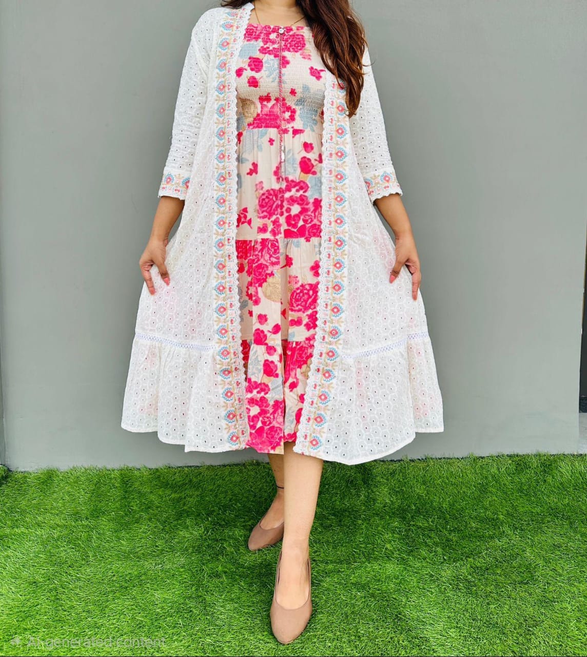 Women's Premium Cotton 2-Piece Shrug Dress Set | Floral Smocked Dress with White Schiffli Embroidered Shrug | Casual & Party Wear
