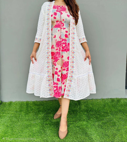 Women's Premium Cotton 2-Piece Shrug Dress Set | Floral Smocked Dress with White Schiffli Embroidered Shrug | Casual & Party Wear